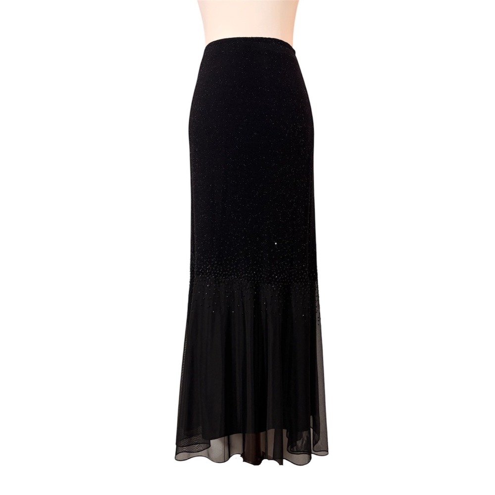 90s Black Sequin Sparkle Midi Skirt Women's 8 Whimsigoth Sheer Party Retro Chic